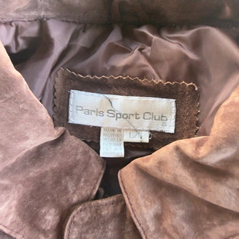VINTAGE 90S BROWN SUEDE LEATHER BOMBER JACKET PLAID SLEEVES UNQIUE MENS LARGE - Picture 4 of 5